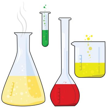 Cartoon illustration of different pieces of equipment from a chemistry lab