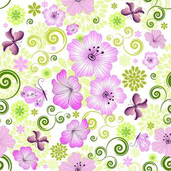 Spring repeating floral pattern with flowers and butterflies (vector)