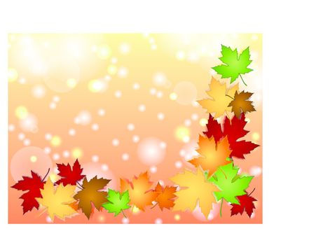 Maple leaves in a variety of autumn or fall colors with shadows forming a seasonal border over an orange background with multiple light effects, perfect for cards and the likes.
