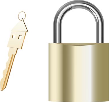 vector realistic golden padlock and key on white background