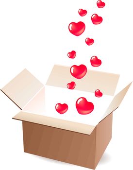 Empty open box with small red hearts
