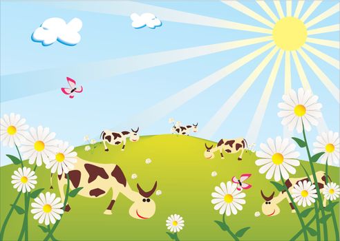 cows on the sunny meadow cartoon illustration