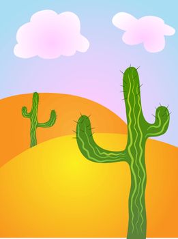 Vector picture of desert with cactus plants.