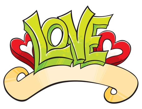 Love word with hearts drawed in graffiti style