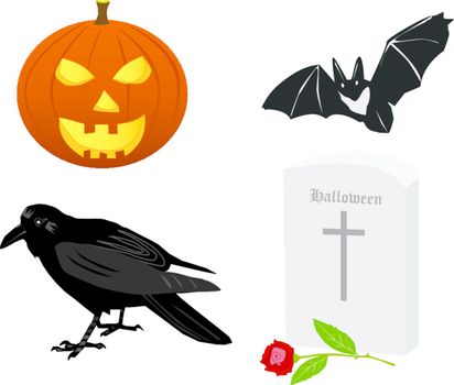 Halloween attributive - pumpkin, raven, grave and a bat