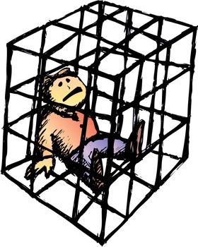 Poor man closed into a cage