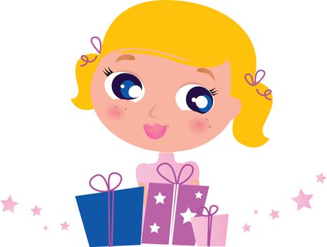 Cute Blond Girl with Gifts. Vector cartoon Illustration.