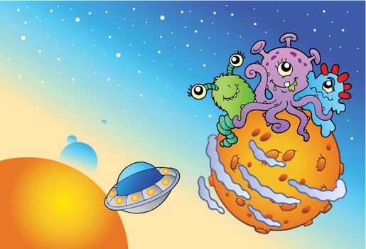 Spacescape with three cute aliens - vector illustration.
