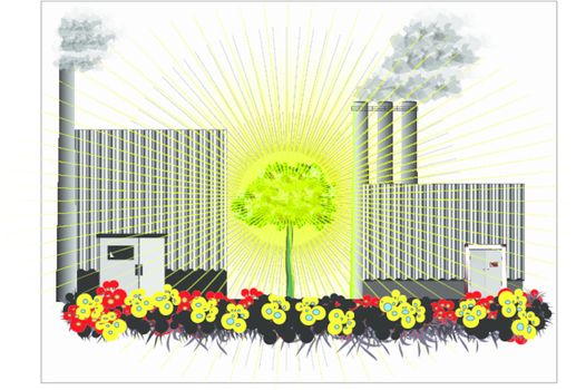 Vector of tree between two factories. Save the environment.