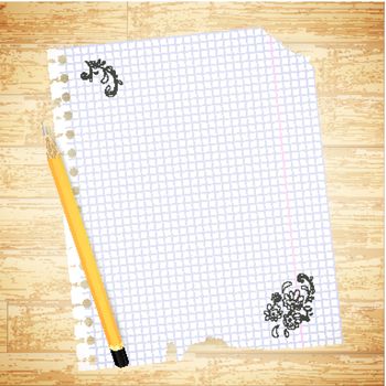 illustration of notebook sheet with drawing and pencil over wooden background