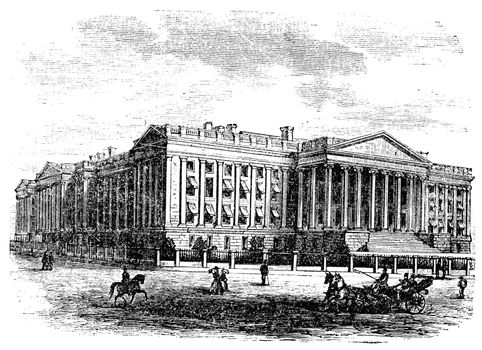 United States Department of the Treasury Building, in Washington, D.C., USA, vintage engraved illustration. Trousset encyclopedia (1886 - 1891).