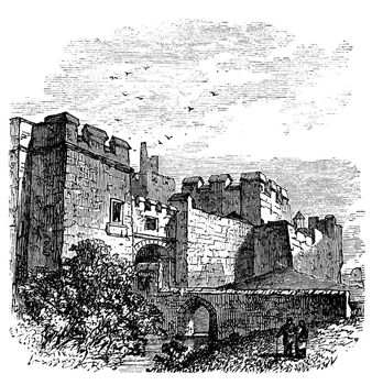 Entrance of the castle Carlisle, in Carlisle, county of Cumbria, United Kingdom vintage engraving, 1890s. Old engraved illustration of Carlisle castle, near Hadrian's wall