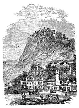 Edinburgh Castle in Scotland, during the 1890s, vintage engraving. Old engraved illustration of Edinburgh Castle.