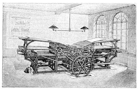 Marinoni double printing press, vintage engraving. Old engraved illustration of Marinoni double printing press in the factory. 