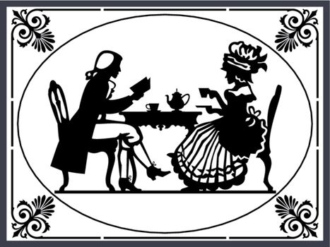 Retro victorian illustration. Man and woman drinking tea and leasing book, retro illustration, black and white vector illustration.
