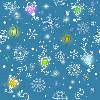 Dark blue christmas pattern with colorful small lamps and snowflakes (vector)