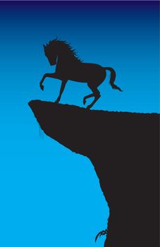 A horse on a rock at dusk. Editable vector illustration.