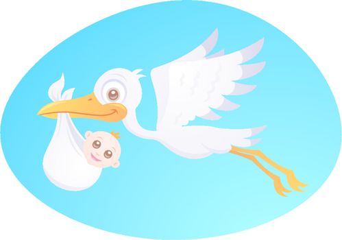 Vector cartoon illustration of a stork delivering a cute little newborn baby.