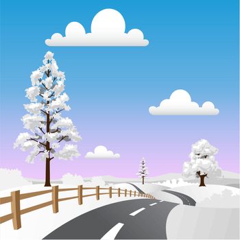 A Snow Landscape with Road and Trees