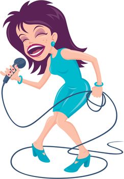 Vector cartoon illustration of a female pop star singer with a big mouth belting out a tune at the top of her lungs.