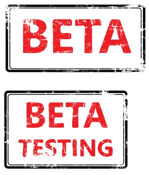 A stylized red stamp that shows the term beta testing. All on white background.