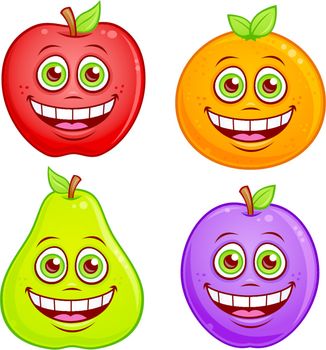 Vector cartoon illustration of fruit with smiling faces. Apple, orange, pear and plum characters included.