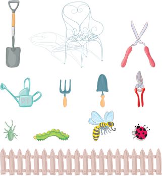Complete set of gardening objects and insects.