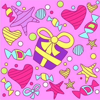 funny background with stars, hearts, gifts and sweets
