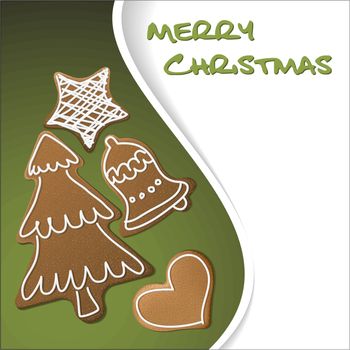 Christmas card - gingerbreads with white icing on green background and place for your text (vector)