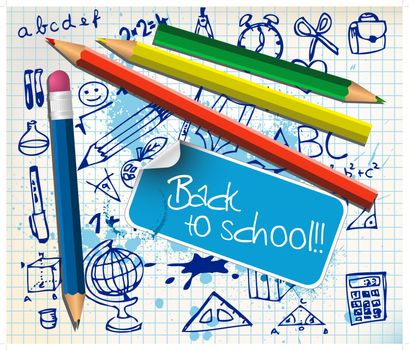 Back to school poster with paper and color pencils
