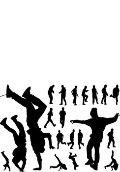 Twenty dynamic dancing boys black silhouettes on white background.