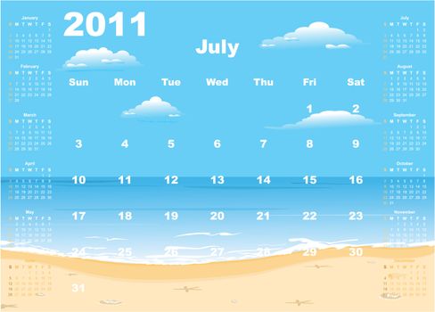 American calendar 2011 with tropic beach, starting from Sundays. Vector