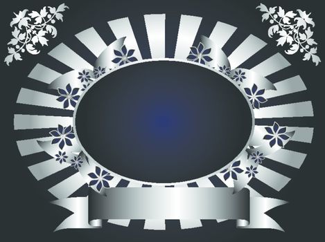 A gold floral fan effect design with room for text on a royal blue background