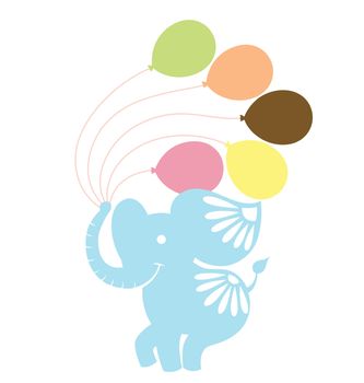 A blue elephant with flower decoration on the body and holding a bunch of ballons.