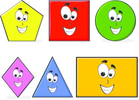 Illustration of shapes in different colors with a happy cartoon face, great for kids learning basic geometry