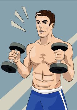 A handsome young man with athletic body, holding a dumbbell.