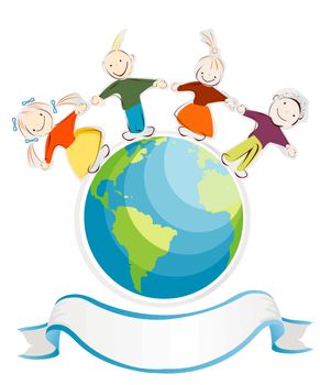 Children and the world and a banner for text. Isolated objects over white