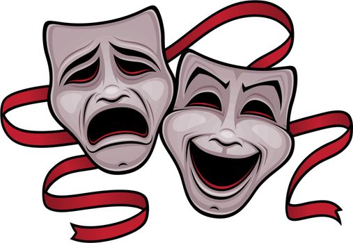 Vector illustration of comedy and tragedy theater masks with a red ribbon.