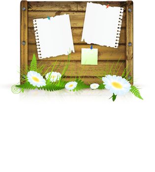 wooden board for messages with grass and flowers over white background
