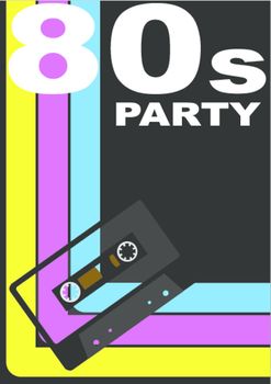 80s Party Design - Retro Audio Cassette Tape on Multicolor Background