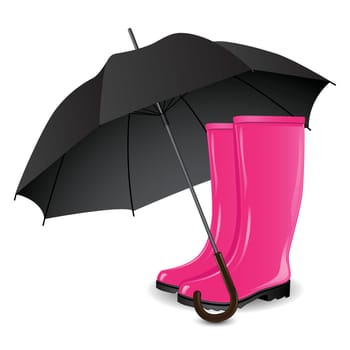 A pair of rainboots and an umbrella on a white background