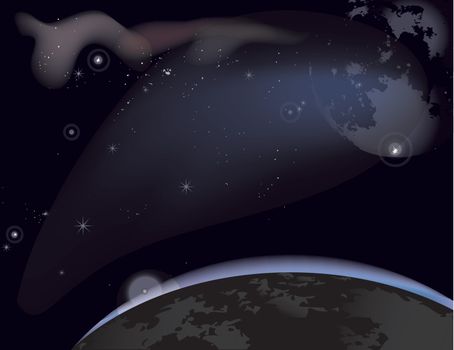 Vector illustration of a starry sky with the planets and nebulae.
