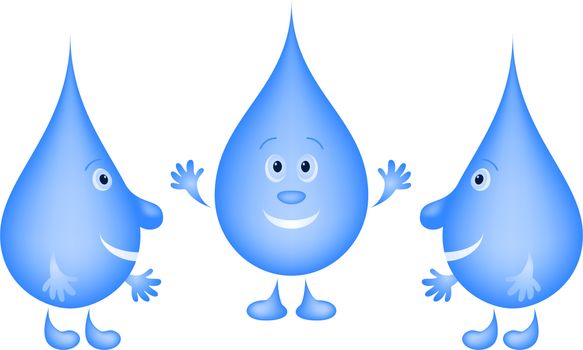 Vector cartoon: cheerful water drops friends have met and stretch each other hands