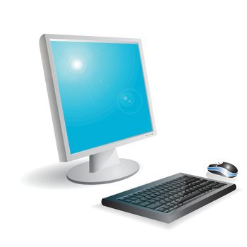 illustration, monitor, keyboard and mouse on white background