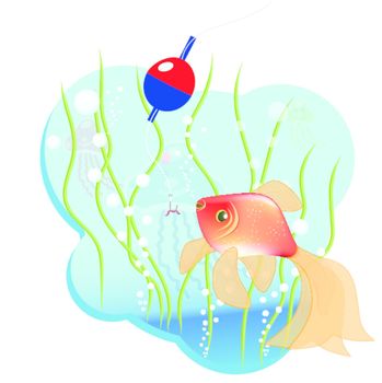 illustration, goldfish in water beside hook with bait