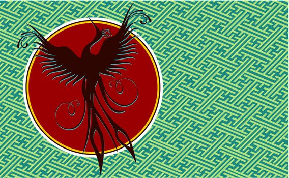 Black phoenix bird silhouette over maze textured background.