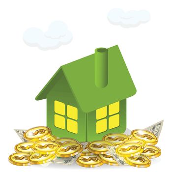 illustration, green house on coin on white background