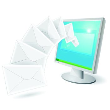 illustration, white paper envelopes flying from monitor