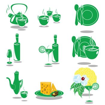 nine icons with green dishes, cheese, lemon