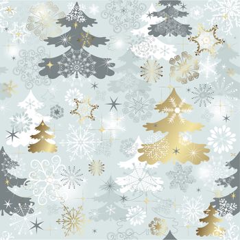 Winter seamless pattern with  varied snowflakes, christmas trees and gold stars (vector)